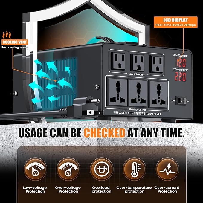 5000W Voltage Converter Transformer Step Up 110V/120V to220V/240V or Step Down 220V to 110V AC Power Converte, Circuit Breaker Protection, 3 US sockets, 3 Universal sockets, LCD Display