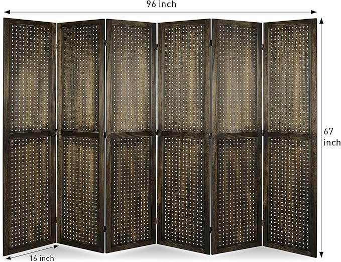 ECOMEX 6 Panel Room Divider, 5.6Ft Pegboard Display Wooden Room Divider Folding Privacy Screen Room Divider Freestanding Peg Board Display for Trade Show Craft Show Home Wall Organizer, Retro Brown