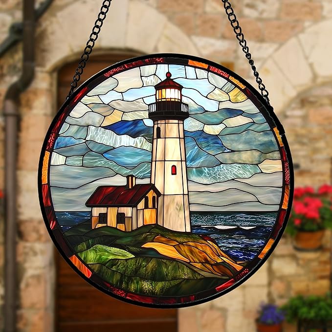DASTOLL Stained Glass Window Hanging, Ocean Lighthouse Sun Catchers Glass Panel Blue Green Suncatcher Decor for Birthday for Women, Men, Wife, Aunt, and Mom 9.8 in