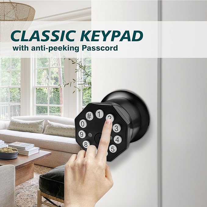 Black Door Knobs with Digital Keypad Lock, Electronic Door Lock with Handle for Home, Bedroom, Apartment, Garage, Office