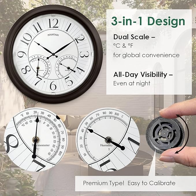 FOUNTAIN DESIGNS 18 Inch Illuminated in/Outdoor Clock with Smart Sensor and Night Light, Waterproof, Large Wall Clock with Thermometer & Hygrometer for Patio,Pool and Garden Decor,Oil Rubbed Bronze