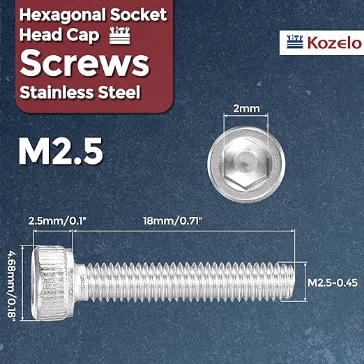 Kozelo 50pcs Socket Head Cap Screws - [M2.5-0.45 x 18mm] 304 Stainless Steel Allen Socket Drive for Electrical Motor 3D Printing Fan Engine Replacement Use, Silver