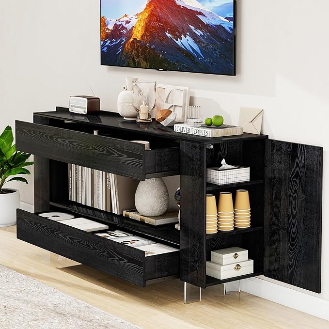 Vavkorkula TV Stand for 65 Inch with 2 Large Drawers & Hidden Storage Cabinets, Modern Farmhouse Entertainment Center Television Stands for Living Room Bedroom, Black