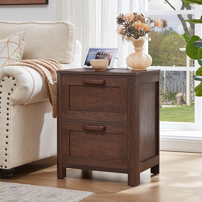 Joaxswe Farmhouse Nightstand Set of 2 with Charging Station, End Tables Bedroom with 2 Large Drawers & 4 Thickened Table Legs, Walnut