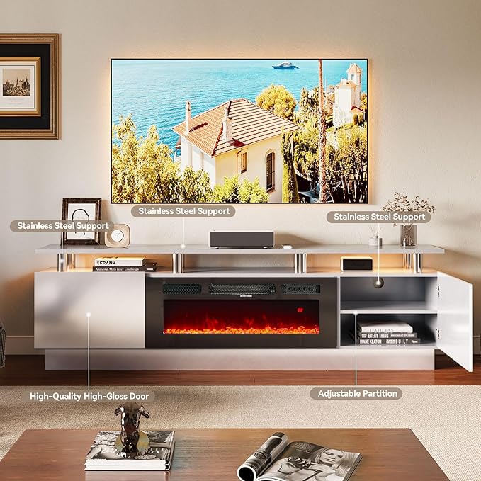 oneinmil Fireplace TV Stand with 36” Electric Fireplace, 80” 2 Tier TV Console Stand for TVs Up to 90", LED Light Entertainment Center, Fireplace for The Living Room TV Stand, Gray