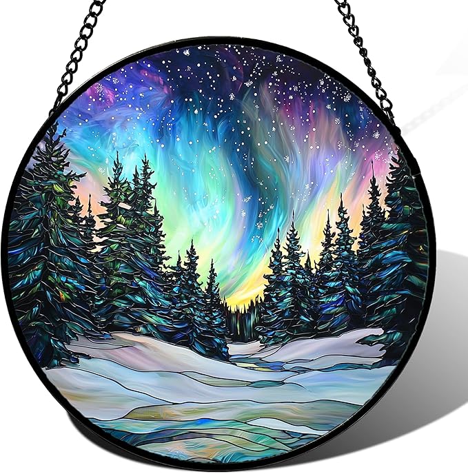 DASTOLL Stained Glass Window Hanging, Aurora Landscape Sun Catchers Glass Panel Green Trees Suncatcher Decor for Birthday for Women, Men, Wife, Aunt, and Mom 14.9x14.9 in
