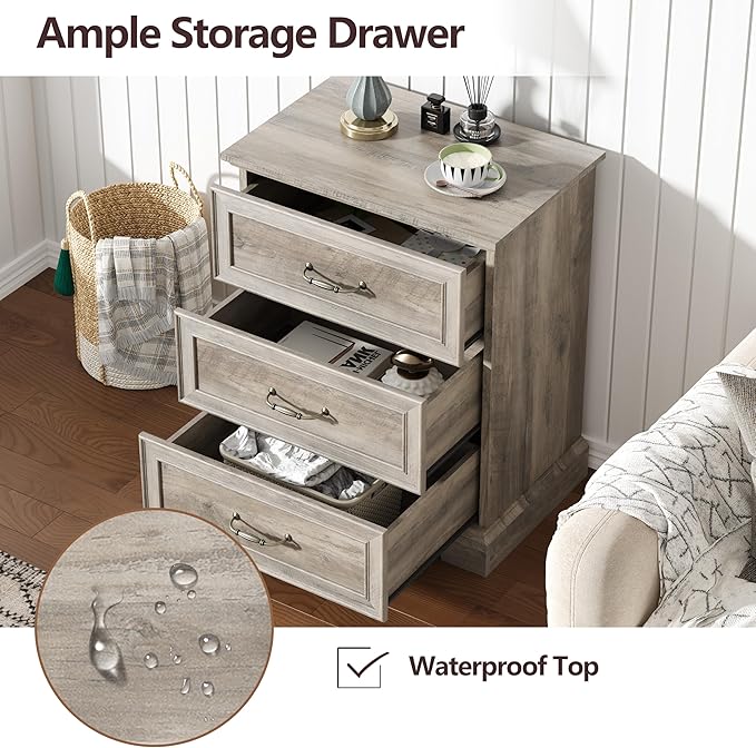 Nightstand with 3 Large Drawers,24" Wide End Table with Metal Handles,Rustic Farmhouse Wood Small Dresser,Bedside Table,Modern Chest of Drawers for Bedroom,Living Room,Grey