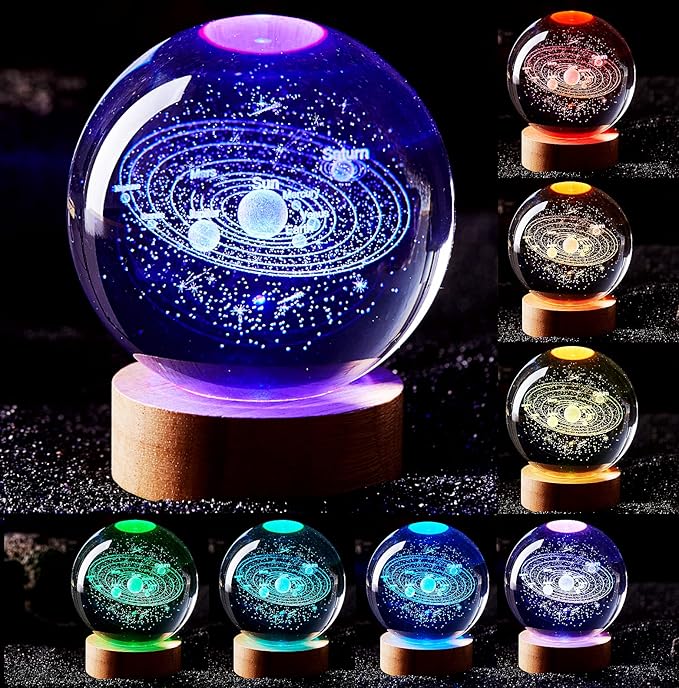 Conalisk 3D Solar System Crystal Ball Lamp,3.15 Inch K9 Crystal Ball Night Light with Wooden Base,16 Colors Changing with Remote Control,3D Planet Laser Engraving Holographic Light (Solar System)