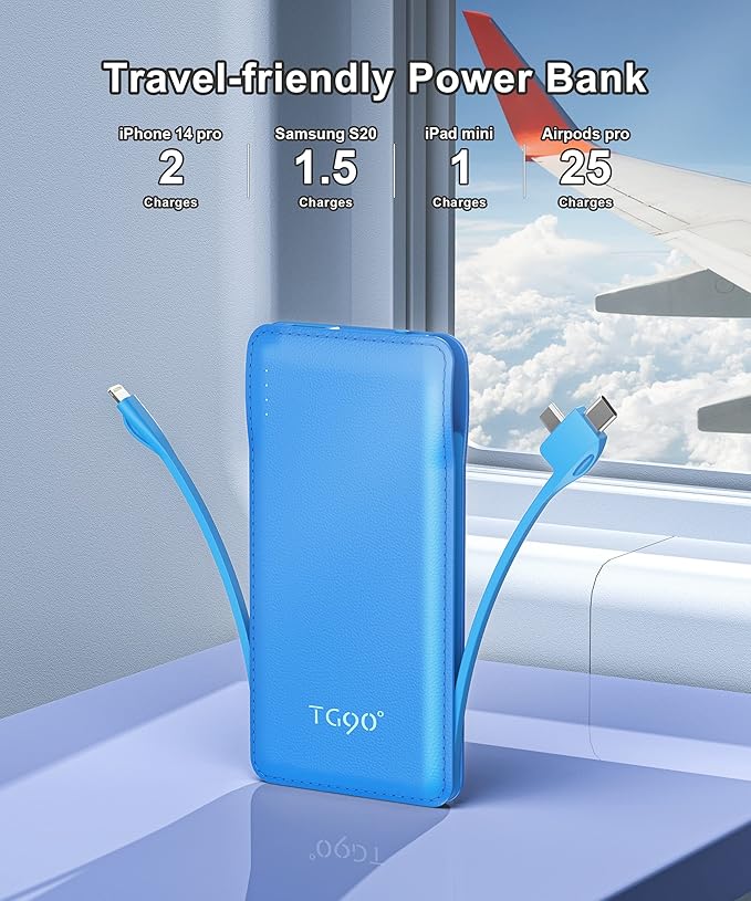 TG90° 10000mah Power Bank Portable Charger with Built-in Cables(No AC Plug), Portable Phone Charger Battery Backup Compatible with iPhone 17 16 15 14 13 12 and Android Phones
