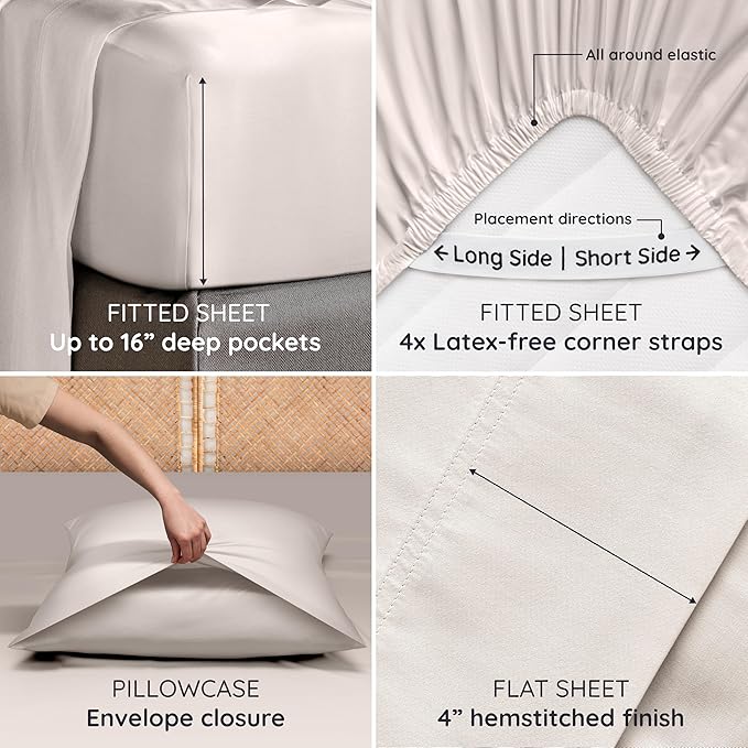 Bambaw 100% Viscose Derived from Bamboo Sheets Queen Size Set – 4pcs Cooling Sheets for Hot Sleepers, Soft Deep Pocket Queen Sheet Set Fits Up to 16'' with Elastic Corner Straps (Sand)