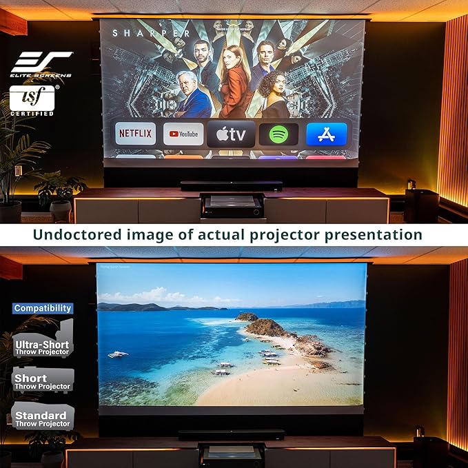 Elite Screens Kestrel Tab-Tension 3 CineWhite, 135 inch 16:9 Aspect Ratio, ISF Certified, Electric Floor-Rising Motorized Tab-Tensioned Front Projector Screen, Programmed Remote Kit, FTE135H3