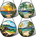 DASTOLL Stained Glass Window Hanging 4 Pcs Set Blue Ocean Coconut Tree Scenery Large 15" - Suncatcher Door Garden Sun Catcher Decor Birthday Christmas for Mom Woman Nana Men