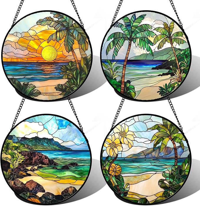 DASTOLL Stained Glass Window Hanging 4 Pcs Set Blue Ocean Coconut Tree Scenery 7.8" - Suncatcher Door Garden Sun Catcher Decor Birthday Christmas for Mom Woman Nana Men