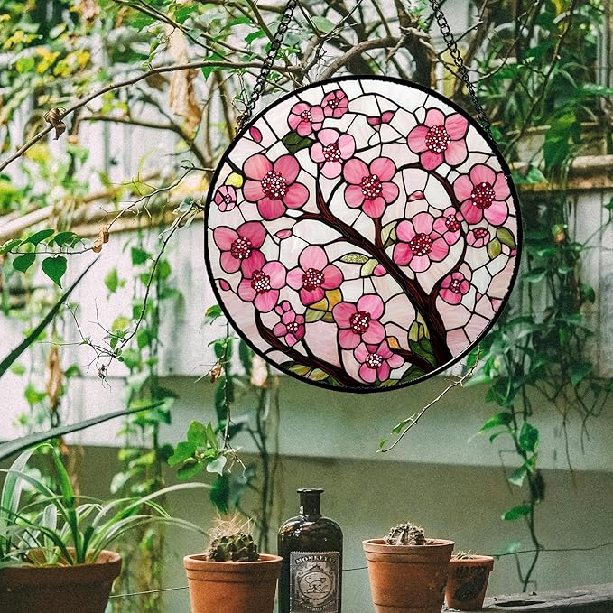 CRISGIF Stained Glass Window Hanging - Cherry Blossoms Birth Flower Suncatcher for Door Garden Patio Sun Catchers Decor Christmas Mother's Day Birthday Gifts for Women Mom Nana Friend Wife 9.8 in