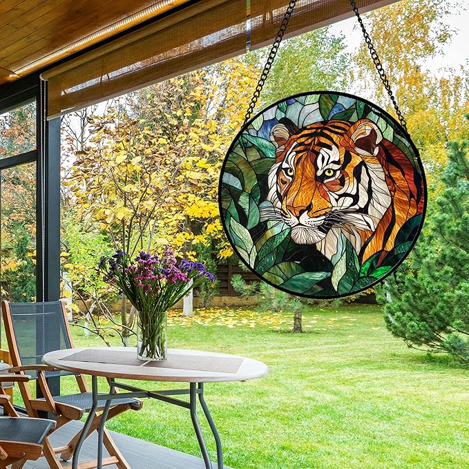 AMDERVEN Stained Glass Window Hanging, Fierce Tiger Sun Catcher for Door Home Decor Wild Animals Suncatcher Christmas Mother's Day Birthday Gifts for Women Men Mom and Nana 6.3 in