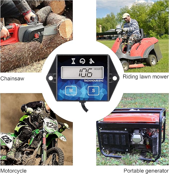 Runleader Small Engine Hour Meter, Digital Tachometer, Maintenance Reminder, Battery Replaceable, User Shutdown, Use for ZTR Lawn Mower Tractor Generator Marine Outboard ATV (HM011F)