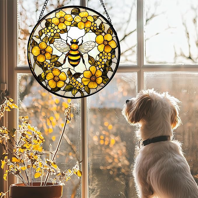 AMDERVEN Stained Glass Window Hanging - Yellow Flowers Surrounded by Bees Sun Catcher for Door Garden Home Decor Cute Suncatcher Christmas Mother's Day Birthday Gifts for Women Men Mom Nana 15 in