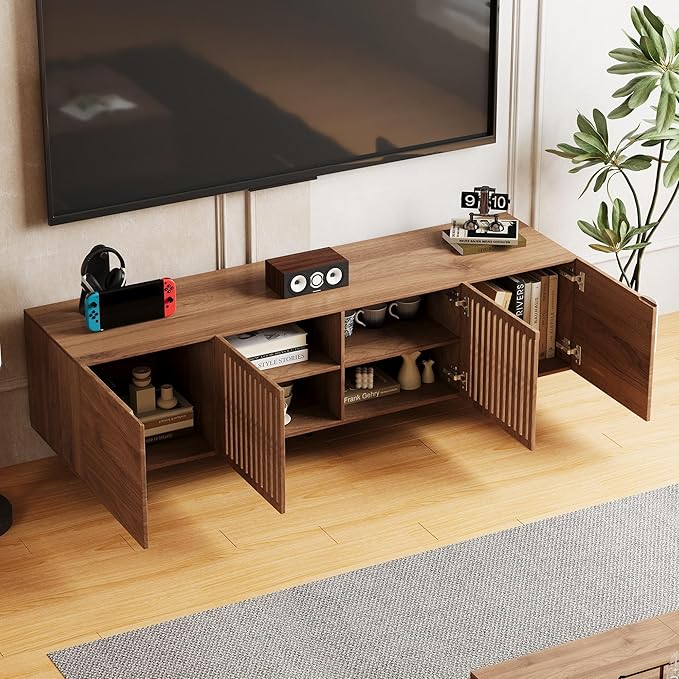 gaoyangjiaju 70.87" Mid Century Modern TV Stand, Walnut Media Console for 70 Inch TVs, Entertainment Cabinet with 4 Storage Compartments for Living Room or Bedroom