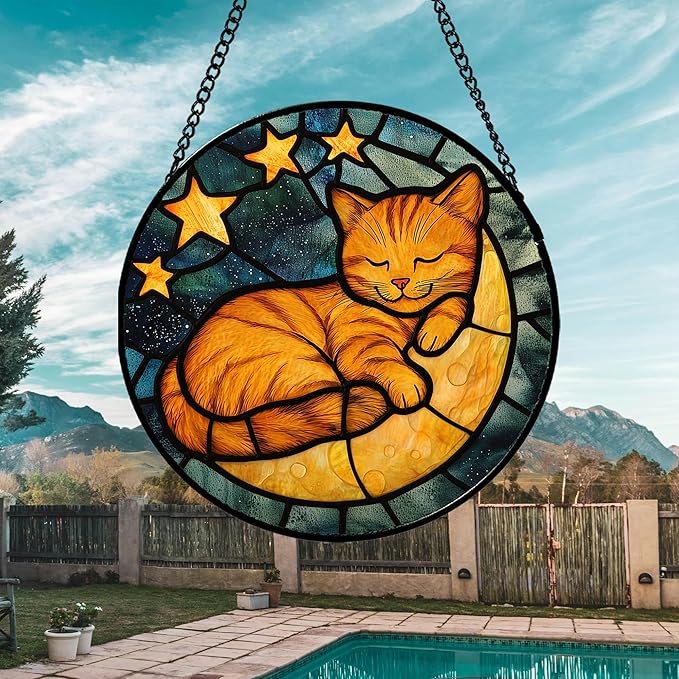 AMDERVEN Stained Glass Window Hanging - Orange Cat Sun Catcher for Door Home Decor Stars and Moon Suncatcher Christmas Mother's Day Birthday Loss of a Pet Gifts for Women Men Mom Nana 15 in