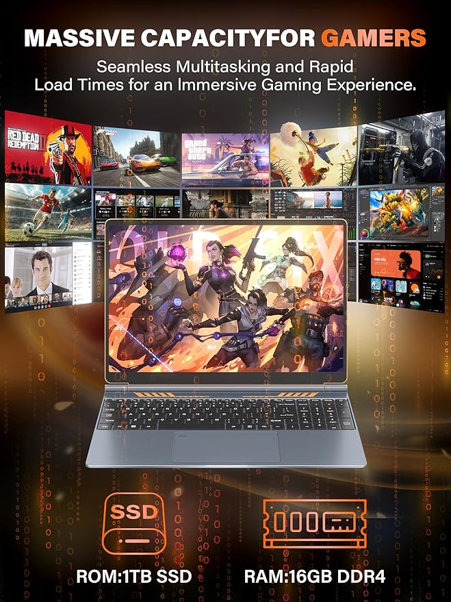 Rumtuk 16" Gaming Laptop Computer - Alder Lake N95 Processor (3.4GHz), FHD 1920 * 1200 IPS, 16G RAM, Fingerprint, Backlit Keyboard, 180° Hinge, Lightweight for Business & Student (1TB)