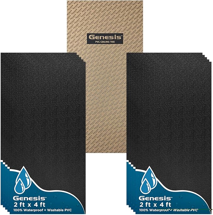 Genesis 2ft x 4ft Stucco Pro Black Ceiling Tiles - Easy Drop-in Installation – Waterproof, Washable and Fire-Rated - High-Grade PVC to Prevent Breakage - Package of 10 Tiles