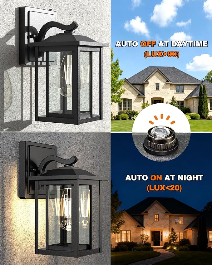 LTBLIGHT Dusk to Dawn Outdoor Lighting, Modern Black Waterproof Exterior Wall Sconce, Sensor Front Porch Lights with E26 Base for House Garage Patio Front Door, 120V