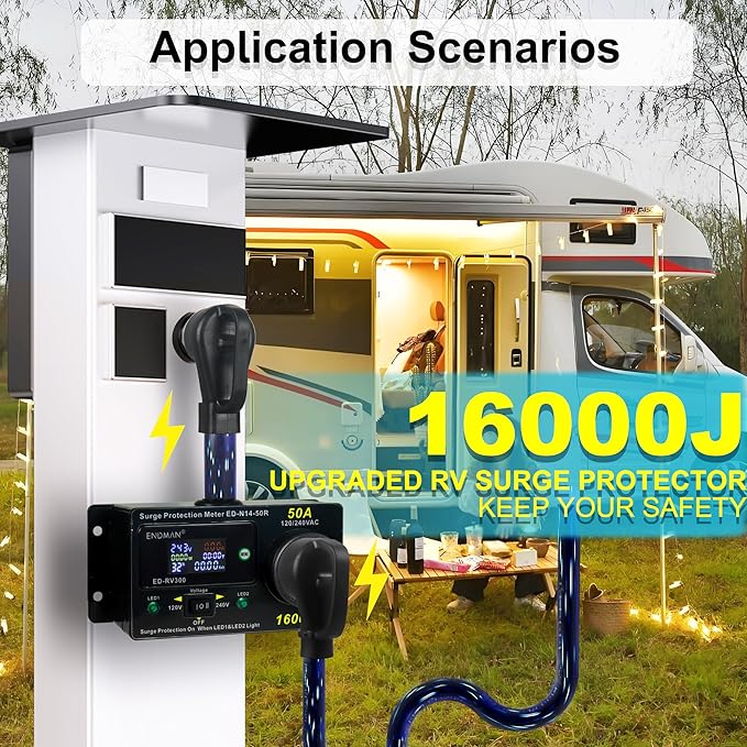 50 Amp RV Surge Protector with kWh Energy Monitor - 16,000 Joules Lightning Protection - Digital Power Meter Display (Volts, Amps, Watts, Temp) for Motorhome (NEMA 14-50P)