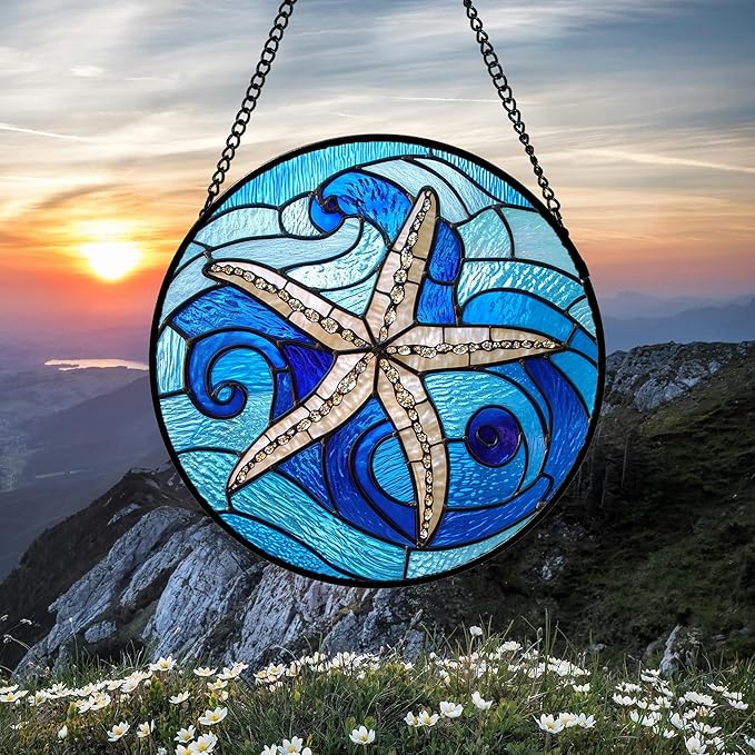 DASTOLL Stained Glass Window Hanging 4 Pcs Set Blue Ocean Waves Large 11.8" - Starfish Crab Seal Suncatcher Door Garden Sun Catcher Decor Birthday for Mom Woman Nana Men Friend