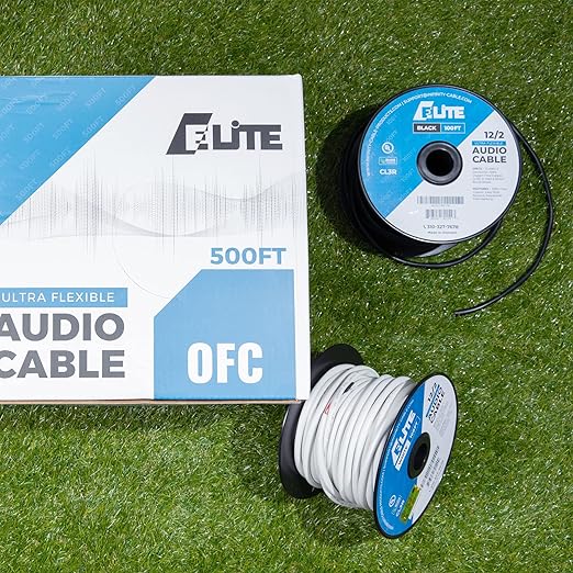Elite 14/2 Speaker Wire 100ft, UL Listed, CMR/CL3R, (Riser/In-Wall & Outdoor/In-Ground (Direct Burial)- 100% Oxygen Free Pure Bare Copper (OFC), 14AWG/2-Conductor, 100ft Bulk Cable (105 strands) Black