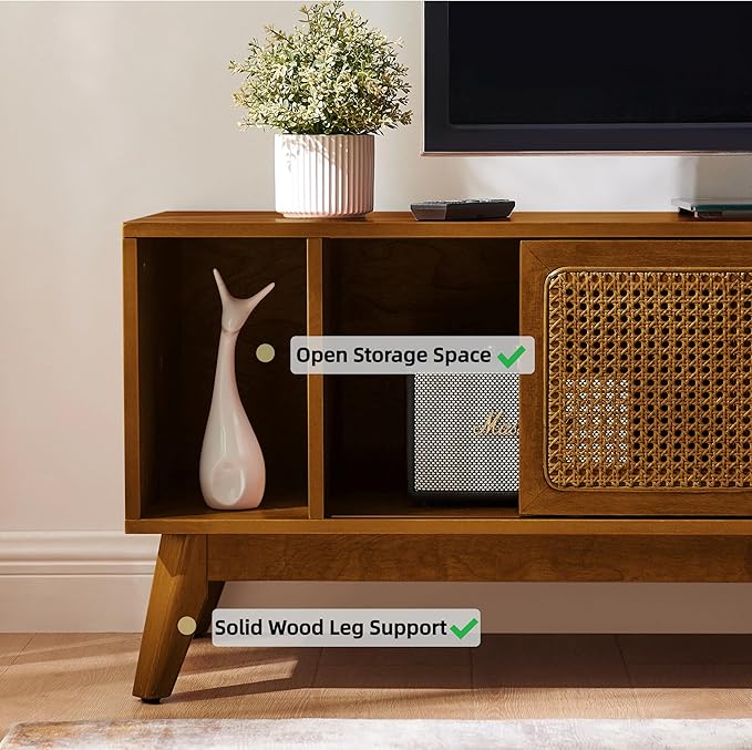 LKTART 68 Inch Mid Century Modern TV Stand with Rattan Doors, MCM Entertainment Center Media Console for 60/65/70/75 inch TVs, Long Boho Television Stand for Living Room, Light Walnut