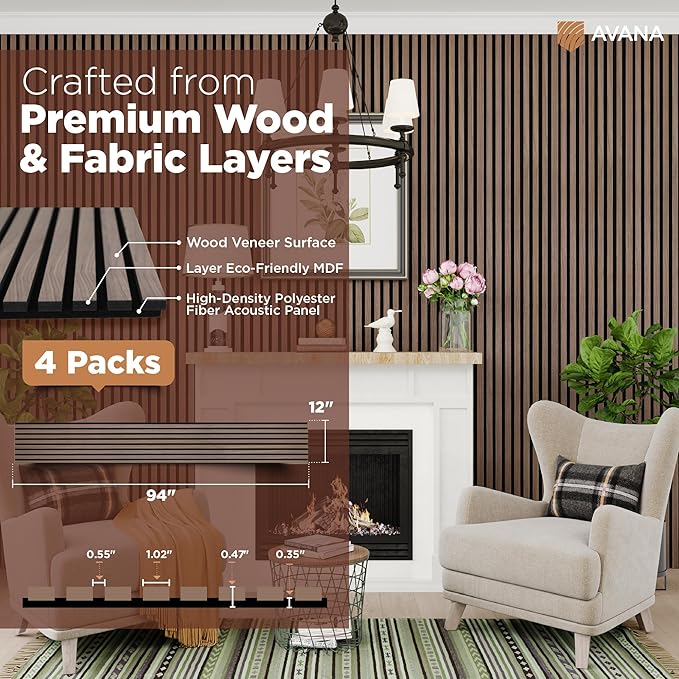 Avana Acoustic Wood Wall Panels – 94.4 X 12.6 Inch Walnut Acoustic Panels 4 PCs – Wall Panels For Interior Wall Decor For Homes, Offices, Studios – Sturdy And Durable Wood Panels For Wall