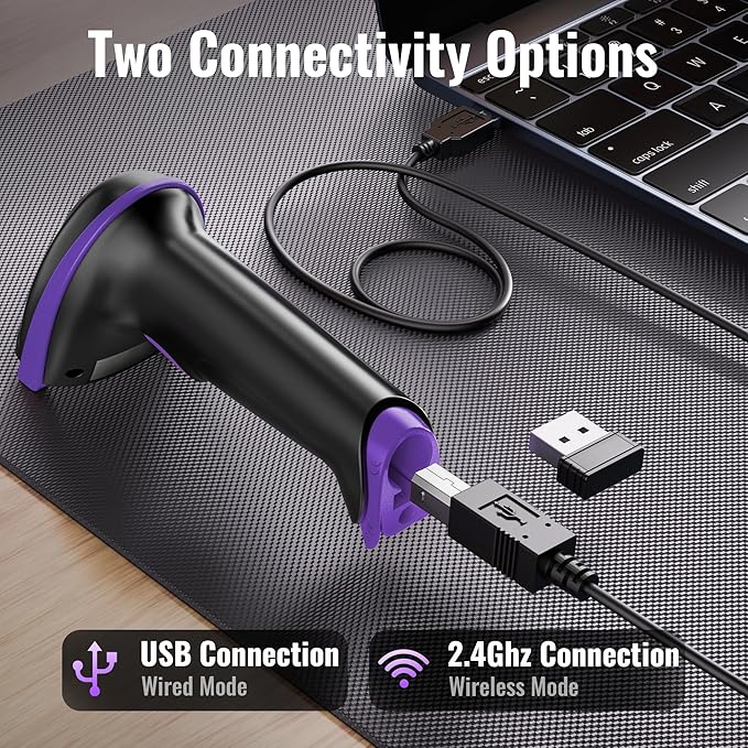 Tera Barcode Scanner Wireless Versatile 2-in-1 (2.4Ghz Wireless+USB 2.0 Wired) with Battery Level Indicator, 328 Feet Transmission Distance Rechargeable 1D Laser Bar Code Reader Handheld 5100 Purple