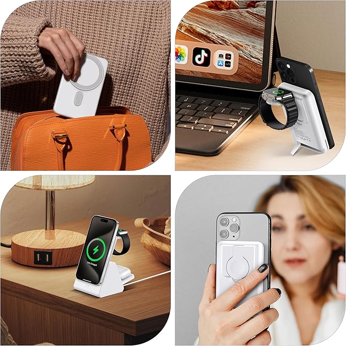 Smtcsl 3-in-1 Wireless Charging Station: Portable 10000mAh Power Bank Charger Compatible for Phone Air/17/16/15/14/13/12 Series and Watch - Detachable Magnetic Charging Stand White
