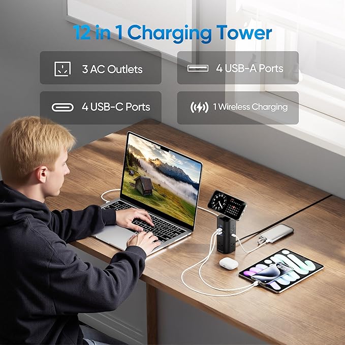 Flat Plug Surge Protector Tower, TenTrend Power Strip Tower with Surge Protection, 3 AC Outlets & 8 USB Ports, 5FT Extension Cord, 115W Total Fast Charging Tower for Multiple Devices