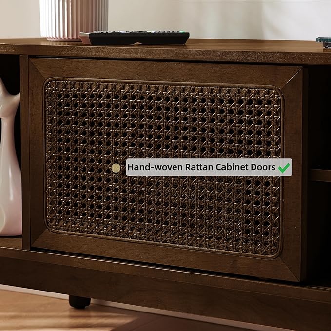 LKTART 68 Inch Mid Century Modern TV Stands with Rattan Doors, MCM Entertainment Center Media Console for 60/65/70/75 inch TVS, Long Boho Television Stand for Living Room, Dark Walnut