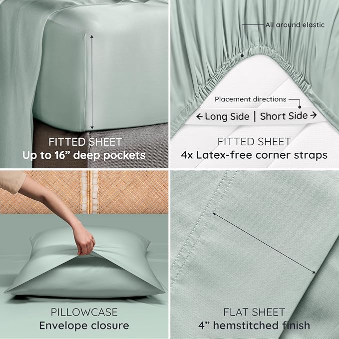 Bambaw 100% Viscose Derived from Bamboo Sheets California King Size – 4pcs Deep Pocket Cooling Sheets, Fits Up to 16'', Buttery Soft & Luxury California King Set (Sea Glass)