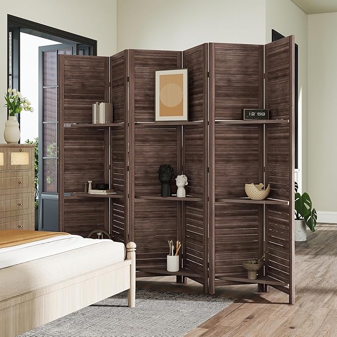 HOMCOM Room Divider, 6 Panel 67" Tall Wood Privacy Screen with 3 Display Shelves, and Folding Storage for Bedroom or Home Office, Walnut