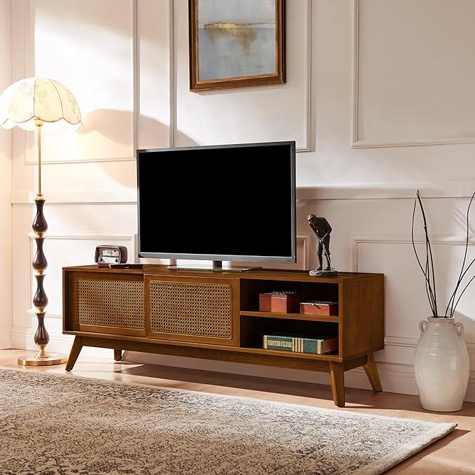 LKTART Mid Century Modern TV Stand for 55/60/65 inch TV,Boho Rattan Media Console with Sliding Doors for Living Room (Light Walnut, 59")