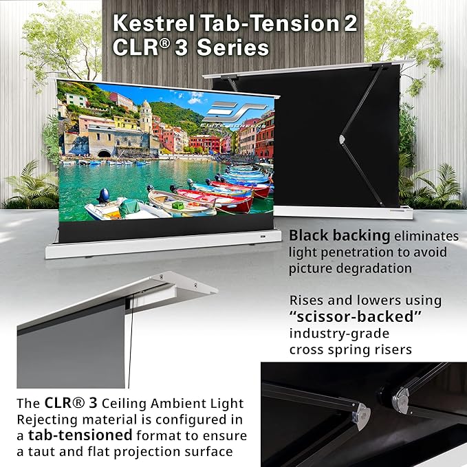 Elite Screens Kestrel Tab-Tension 2 CLR3, 121" 16:9, Ultra-Short Throw Ceiling Ambient Light Rejecting (CLR/ALR) Electric Floor-Rising Motorized Front Projector Screen, Black Casing, FTE121UH3-CLR3