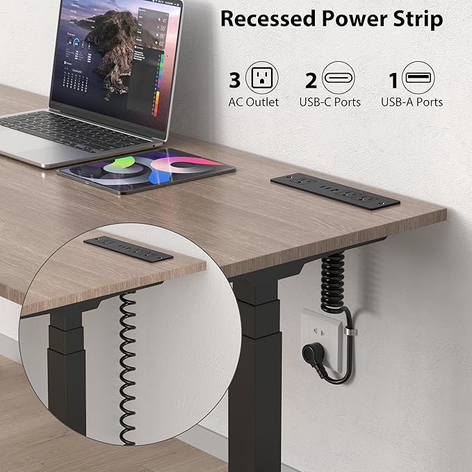Furniture Drawer Outlet, Recessed Power Strip with (3) PD 20W USB Ports Fast Charging & (3) 15 Amp AC Outlets, (14 AWG) 5 FT Spring Black Cord