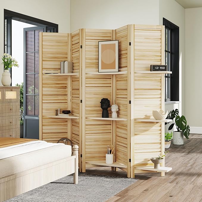 HOMCOM Room Divider, 5 Panel 67" Tall Wood Privacy Screen with 3 Display Shelves, and Folding Storage for Bedroom or Home Office, Natural Wood