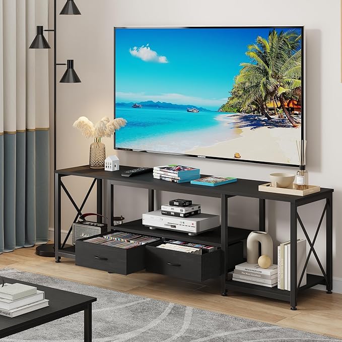 GYIIYUO TV Stand with Fabric Drawers for 55 60 65 Inches TV - Entertainment Center and Industrial TV Console Table with Open Storage Shelves for Living Room, Bedroom - 55.1" Black