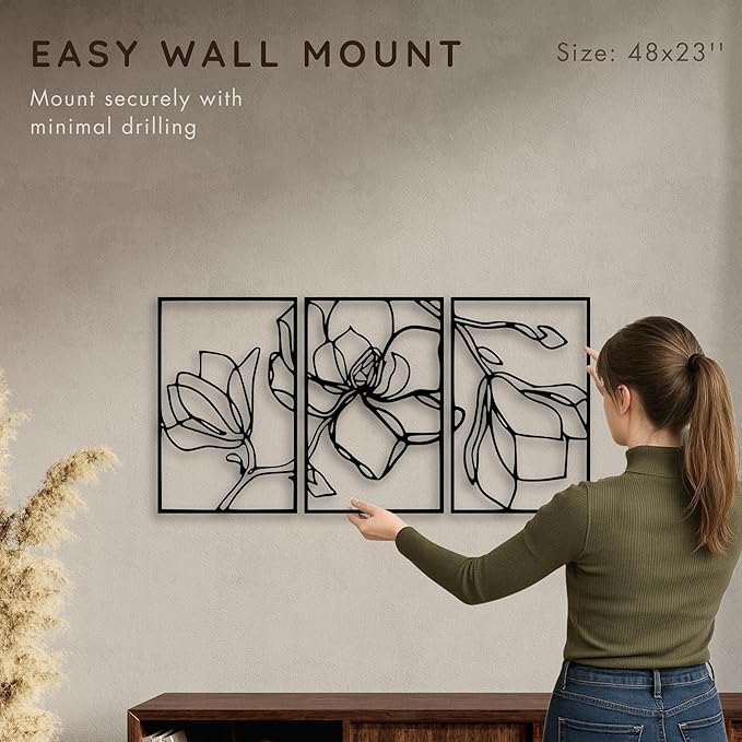 Wita Home Poppy Flower Metal Wall Art, 3-Panel Botanical Line Design, Modern Floral Wall Decor for Living Room, Bedroom, Office, Indoor & Outdoor Display (48×23 inches)