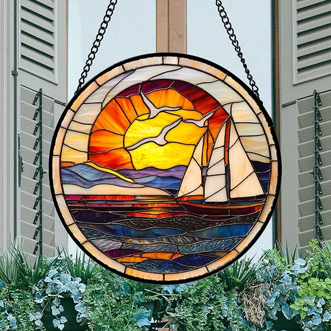 DASTOLL Stained Glass Window Hanging, Sun Ocean Sailboat Seagull Abstract Suncatcher Diamond Glass Panel Sun Catchers Decor for Birthday for Women, Men, Wife, Aunt, and Mom 14.9x14.9 in
