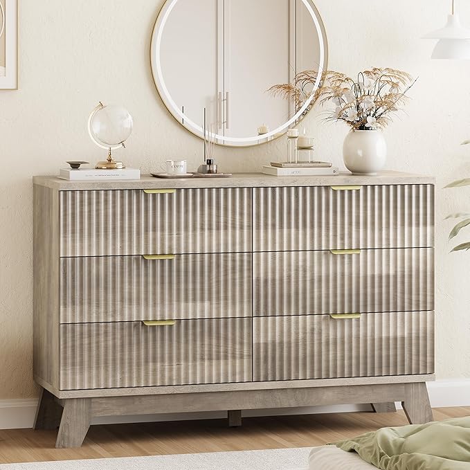 Xixini Fluted Dresser for Bedroom with 6 Drawers, 48" Wide Modern Chest of Drawers with Metal Handle, Wooden Dresser TV Stand, Wood Closet Clothes Storage Organizer for Living Room, Hallway, Grey