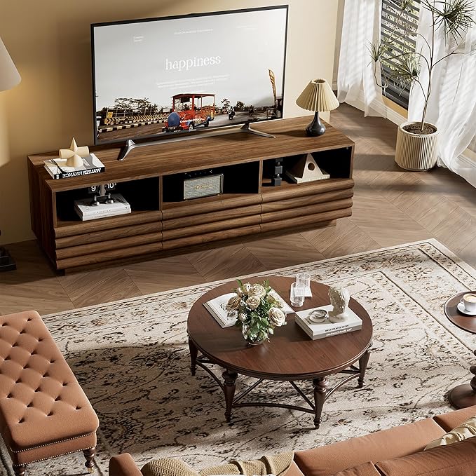 MAISONARIA Mid-Century Modern TV Stand for 50-60 inch TV, Entertainment Center with Storage & Drawers, Media Console Table for Living Room Bedroom, Walnut