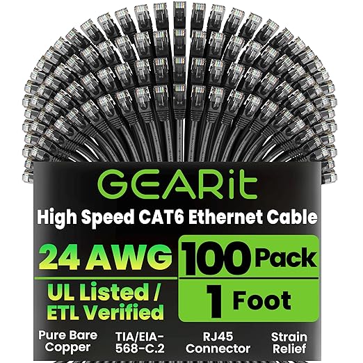 GEARit Cat 6 Ethernet Cable Pack - 100-Pack 1 ft Cat6 Ethernet Patch Cables | RJ45 Network Patch Cable, 10 Gbps Snagless Gold-Plated Connectors - Ethernet Cable Cat 6 for PC, TV, Router - Black