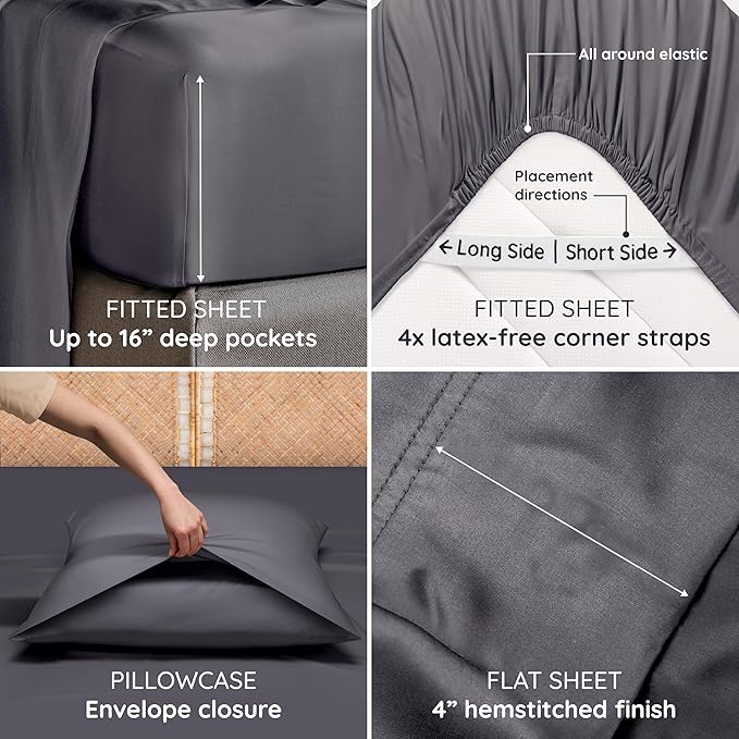 Bambaw 100% Viscose Derived from Bamboo Queen Size Sheet Set - 6pcs Cooling, Deep Pocket Fits Up to 16'' with Elastic Corner Straps, Queen Soft Sheets (Charcoal)