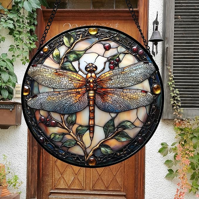 DASTOLL Stained Glass Window Hanging - Dragonfly Plant Suncatcher Ready to Hang Window Doors Home Decoration, Christmas, Mother's Day Birthday Gifts for Women, Men, and Mom 14.9x14.9 in