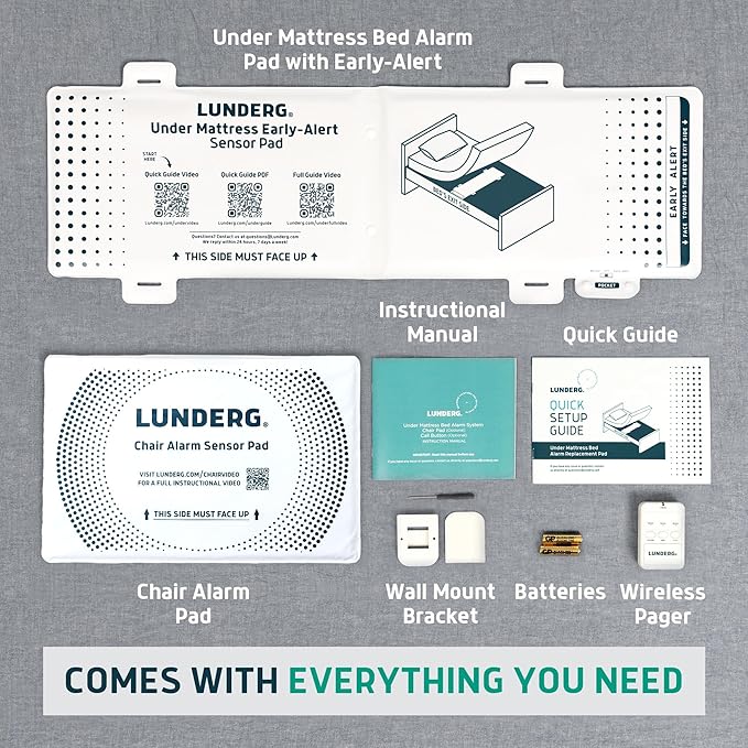Lunderg Under Mattress Bed Alarm for Elderly Adults & Chair Alarm Set - Wireless Early-Alert Mattress Pad, Chair Pad & Pager - Bed Alarms and Fall Prevention for Elderly and Dementia Patients